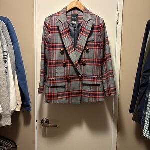 Smythe Double-Breasted Plaid Blazer in Gray, Red & Navy. Excellent condition!